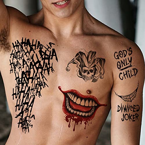 COKTAK 6 Sheets Joker Temporary Tattoos For Men Women Kids Halloween Makeup Kit Cosplay Costume, 3D Halloween Face Tattoos Prison Prisoner Inmate Gothic Rapper, Fake Clown Joker Tattoos Stickers
