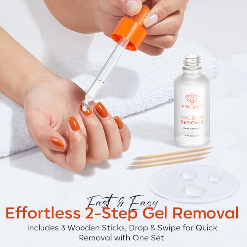 modelones 30ml Nail Glue Remover for Press On Nails, Upgrade Clear Stick On Nails Remover for Acrylic Tips, Nail Polish Remover with Wood Stick