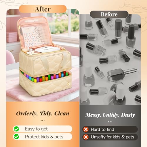 YOREPEK Nail Polish Organizer Case Holds 42+ Bottles (15ml/0.5 fl.oz), 2-Layer Nail Kit Bag with Compartments for Nail Supplies, UV Lamp, Nail Tech Organizers and Storage for Manicure Tools, Beige
