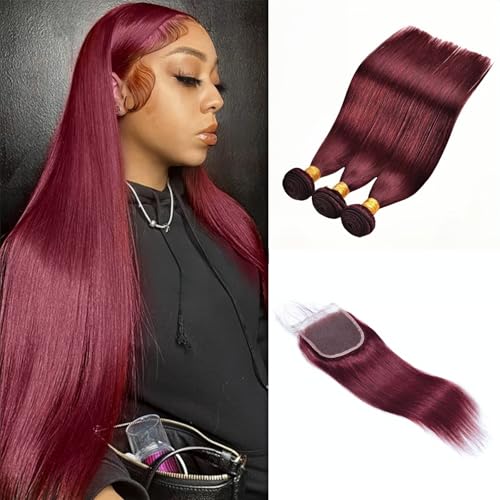 99j Burgundy human hair Straight Hair 20 22 24 with 20closure 8A Brazilian Virgin Hair 99j Burgundy Straight Hair Weaves Bundle Free Part Red Wine Color 100% Unprocessed Human Hair Weft Weaves