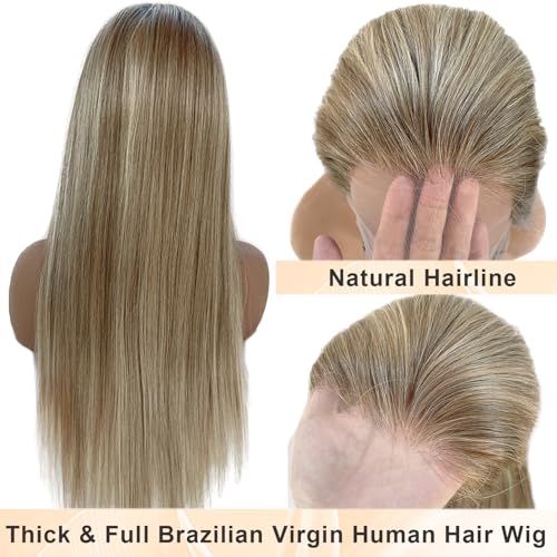 Ombre Blonde Lace Front Wig Human Hair for White Women Ash Brown Roots to Ash Blonde with White Platinum Highlights Glueless Wigs Human Hair Pre Plucked with Baby Hair 180% Density Straight 20 Inch