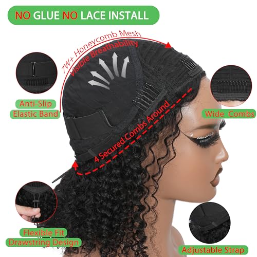 ZIYU Half Wig Human Hair - 200% Density Curly Half Wig 3 In 1 Wear Go Glueless Wigs 16 Inch Drawstring Seamless Kinky Curly Flip Over Headband Wig Human Hair Beginner Friendly