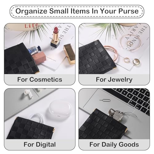 Sightor 2PCS Small Makeup Bag for Purse, Mini Cosmetic Bag Waterproof Pouch for Women, Checkered Purse Self-closing Small Travel Kit Coin Lipstick Cosmetic Storage Bag (Black, Beige)