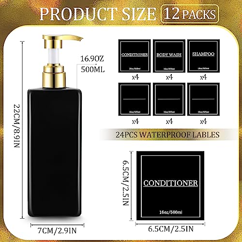 Gejoy 12 Pack Shampoo and Conditioner Dispenser Bottles, 17 Oz/ 500ml Refillable Empty Pump Bottles with Labels and Marker Pen, Plastic Pump Dispenser Bottle for Bathroom Kitchen Soap Lotion(Black)