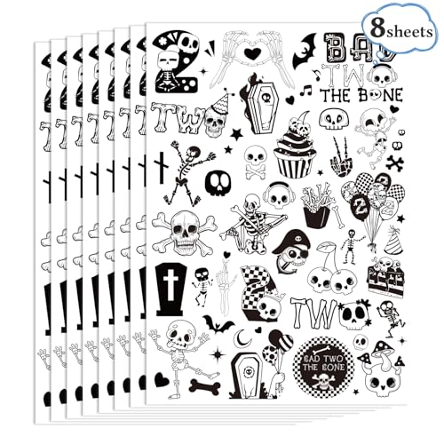 Bad 2 Skull Bone Temporary Tattoos - 300+ Bad 2 Bone Party Decorations Favors Supplies for Kids Boys 2nd Birthday Decorations Black White Skeleton Skull Tattoo Stickers Born to Rock Music Party Decor