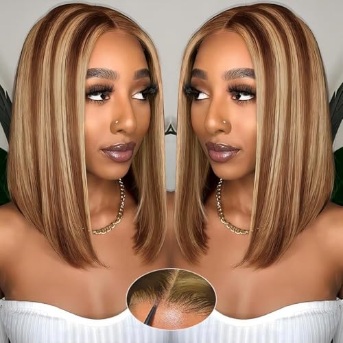 Ombre Bob Wig Human Hair 4/27 Highlight Honey Blonde Lace Front Bob Wigs Human Hair 180% Density Glueless Wigs Human Hair Pre Plucked Pre Cut 4x4 HD Lace Front Wigs Human Hair for Black Women 12 inch