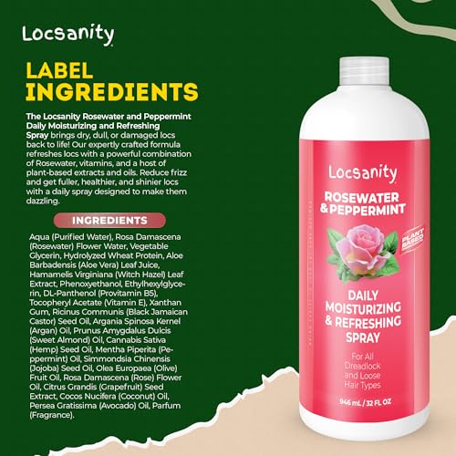 Locsanity Rosewater and Peppermint Daily Moisturizing Spray ? Jumbo Size Hydrating Dreadlock Spray to Nourish the Scalp and Protect Hair From Oil and Buildup (32oz)