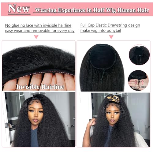 Nvnvdij Kinky Straight Half Wig Human Hair 200% Density Wear Go Glueless Wigs Human Hair 18 Inch Kinky Straight 3 In 1 Half Wigs for Women Drawstring Seamless Flip Headband Wig Beginner Friendly
