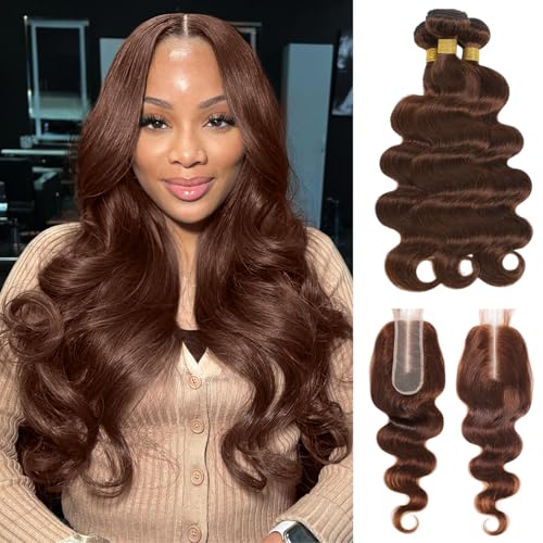 ALHER #4 Chocolate Brown Bundles with 2x6 Long Deep Part Closure 18 20 22+18 IN, Dark Brown Colored 12A 100% Unprocessed Virgin Remy Hair Soft Thick Bundles with Closure