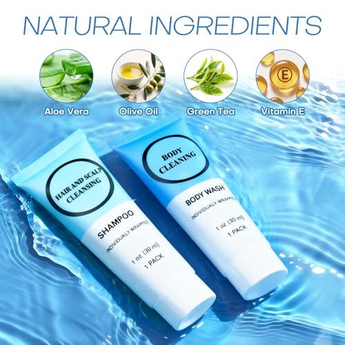 Travel Size Shampoo and Body Wash Bulk, Individually Wrapped Hotel Mini Shower Gel and Small Men Women Cleansing Toiletries Amenities for Hotel/Vacation/Homeless 1 oz (3.7inch, Count, 60)