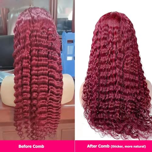 28 Inch Deep Wave Curly 99J Burgundy Lace Front Wigs Human Hair Red Colored Human Hair Wig For Black Women13x4 Curly Transparent Lace Front Wig Pre Plucked