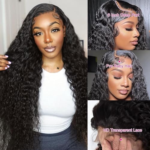 Deep Wave Lace Front Wigs Human Hair 13x6 HD Transparent Deep Curly Lace Frontal Wigs Human Hair 180% Density Glueless Wigs Human Hair pre Plucked Natural Color 32 Inch