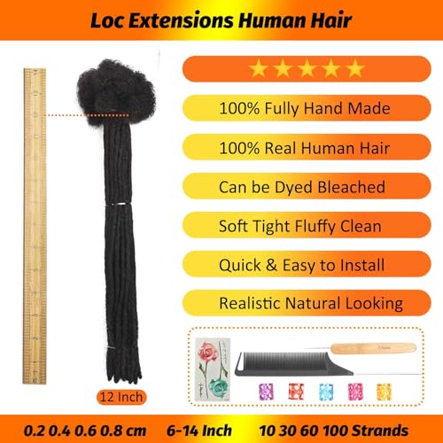 Loc Extensions Human Hair Dreadlock Extensions Human Hair Loc Extensions Dreads Extensions for Men Women Kids 0.4 cm 12 Inch 60 Strands Real Human Hair Locs 1B Natural Black Handmade Permanent Locs
