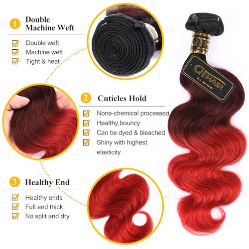 QTHAIR 1B/99J/Red Ombre Body Wave Human Hair Bundles 16A Grade 3 Tone Black Red Human Hair Body Wave Bundles 14 16 18Inch Unprocessed Virgin Hair Bundles Body Wavy Bundles