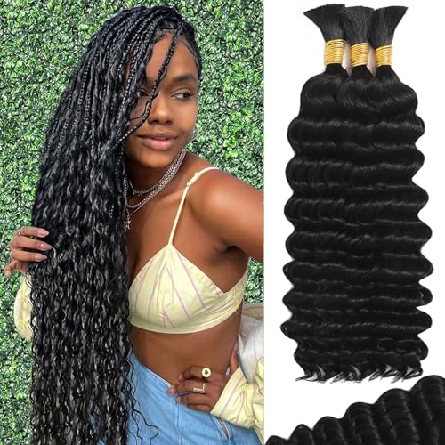 Human Braiding Hair for Boho Braids 14Inch 120g 12A Deep Water Wave Braiding Hair for Curly Boho Hair Braiding Knotless Bulk Bohemian Natural Black