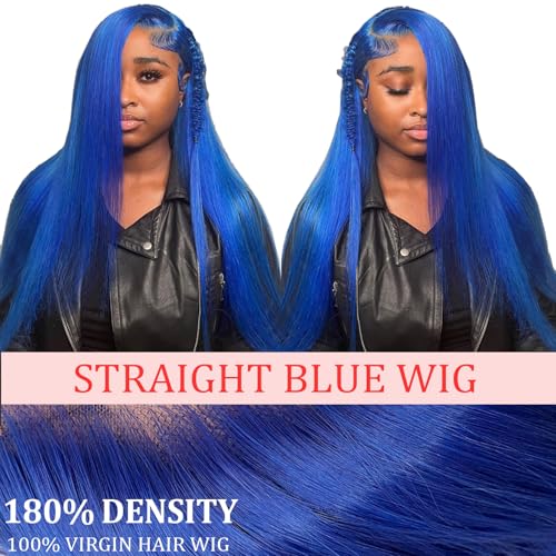 30 Inch Blue Lace Front Wigs Human Hair Straight Frontal Wigs Dark Blue 13x4 Hd Lace Front Wig Wear and Go Glueless Frontal Wigs Human Hair Pre Plucked With Baby Hair Royal Blue Colored Wigs for Women