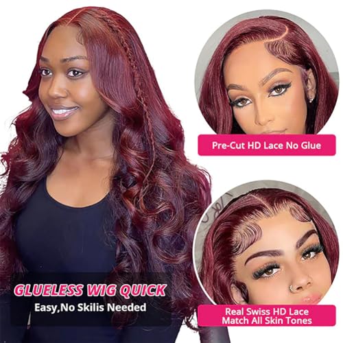 Wear and Go Glueless Burgundy Lace Front Wigs - Pre Plucked, Pre Cut Human Hair, 30 Inch Body Wave, 5x5 Lace Closure, Upgraded No Glue for Black Women