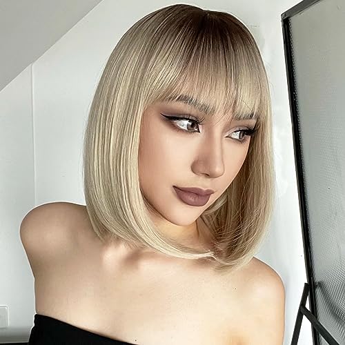 AISI BEAUTY Blonde Bob Wig with Bangs Short Straight Bob Wigs for Women 12 Inch Synthetic Straight Hair Wig for Girl Cosplay Party Wear(Blonde with Dark Roots)