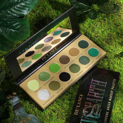 DE'LANCI Olive Green Eyeshadow Palette Multichrome, Ultra-Pigmented Brown Green Eye Shadow for Green Eyes Makeup, Matte Shimmer Dark Lime Emerald Eyeshadow Pallet for Festival Cosplay Halloween Makeup