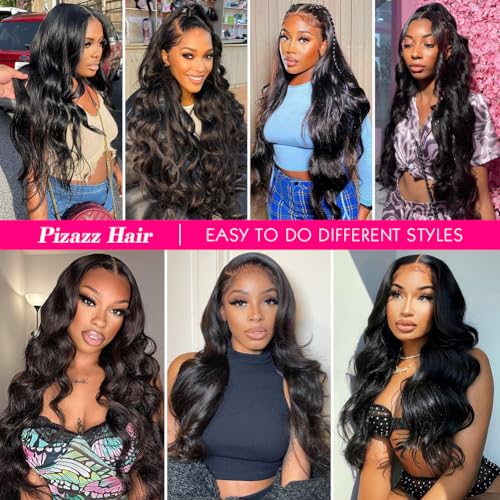 Pizazz 13x6 HD Transparent Lace Front Wigs Human hair Pre Plucked 180 Density Brazilian Body Wave Frontal Wigs Human Hair with Baby Hair Natural Hairline Natural Black Color 24Inch