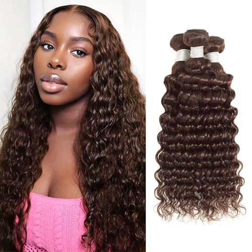 Chocolate Brown Bundles Human Hair 18 20 22 Inch Brazilian Color 4 Deep Wave Bundles Human Hair Unprocessed Breezy Wave Virgin Hair for Black Women with Silky Texture & Quick Weave