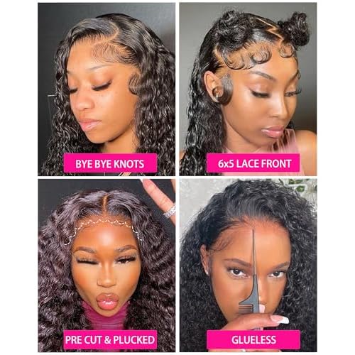 Deep Wave Lace Front Wigs Human Hair 200 Density 24 Inch Curly Human Hair Wig for Black Women 6x5 HD Lace Bye Bye Knots Glueless Frontal Wigs Pre Plucked
