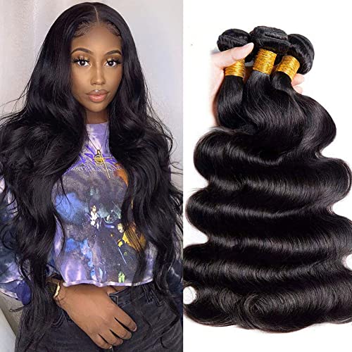 Aomllute 12A Body Wave Human Hair Bundles 22 24 26 Inch 3 Bundles Human Hair Body Wave Bundles 100% Unprocessed Raw Brazilian Virgin Weave Bundles Human Hair Natural Black Color