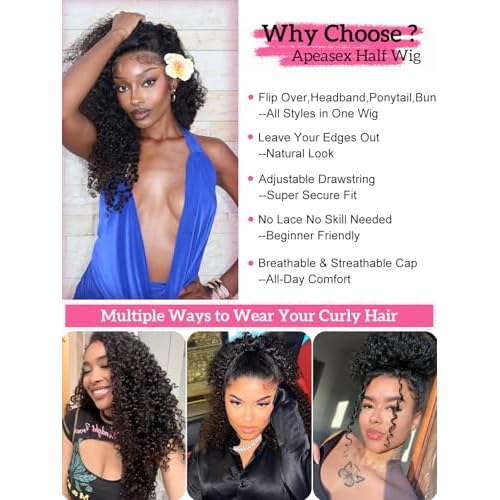 Burmese Curly Half Wigs for Black Women 24 Inch 3 In 1 Half Wig Human Hair Drawstring Fit Flip Over Wig Human Hair Glueless Headband Wigs for Beginner Natural Hairline Leave Out with Curly Edges