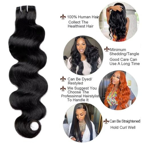 Human Hair Extensions - Body Wave Bundles, 100% Unprocessed Brazilian Virgin Hair, 3 Bundles, Wavy, Black, Sew-In Installation, 26-30 Inch