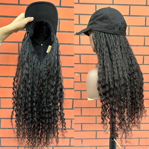 FlowerSeason Human Hair Cap Braided Wigs Human Hair Cap Boho Box Braids Wig with Cap Human Hair Cap Braided Wigs for Black Women Natural Color