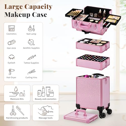 AROUS Rolling Makeup Train Case Large Storage Cosmetic Trolley 5 in 1 Large Capacity Trolley Makeup Travel Case with Key Swivel Wheels Salon Barber Case Traveling Cart Trunk, Pink