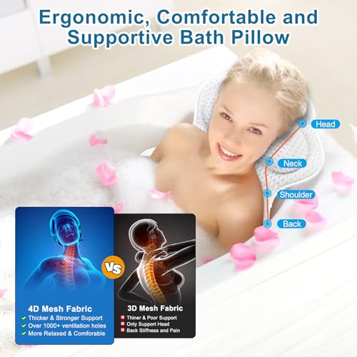 Bath Pillows for Tub Luxury Bathtub Pillow for Neck and Back Support, Soft Bath Tub Pillow Headrest Washable with 4D Mesh & Non-Slip Suction Cups, Relaxing Bath Accessories Spa Gifts for Women (White)