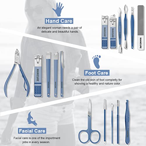 Manicure Set Professional Nail Clippers Pedicure Kit, 16 pcs Stainless Steel Nail Care Tools Grooming Kit with Luxurious Travel Leather Case for Thick Nails Men Women Gift (Blue)