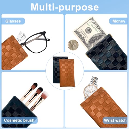 4PCS Small Makeup Bag for Purse, Mini Leather Pocket Cosmetic Bag for Women, Waterproof Portable Makeup Pouch No Zipper Coin Purse Lipstick Bag Accessories, Checkered Travel Storage Bag(Black, Brown)