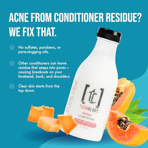 Teenology Conditioner for Teens - Avoid Forehead and Body Acne - Sulfate and Paraben Free, Noncomedogenic, Natural Botanical Extracts, NEW Fresh Papaya - 16 oz.