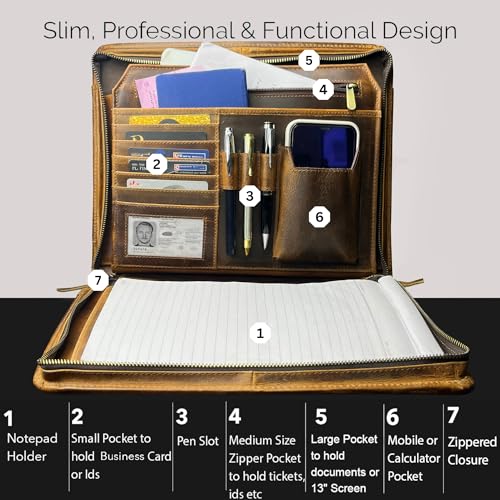 RUSTIC TOWN Leather Portfolio for Men - Full Grain Leather Padfolio Folder - Zipper Folio Documents Organizer - Professional Business Executive Gift for Men Women