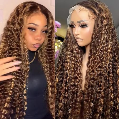 Honey Blonde 13x4 Deep Wave Lace Front Wigs Human Hair Highlight Ombre Curly Human Hair Wig HD Transparent Frontal Wigs for Women 180 Density P4/27 Pre Plucked with Baby Hair 22 Inch