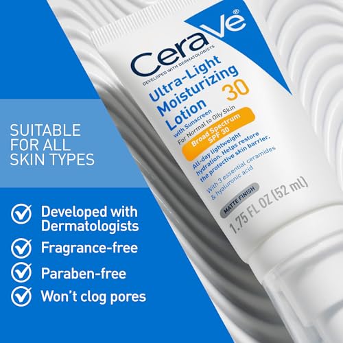 CeraVe Ultra-Light Moisturizing Lotion With SPF 30, Daily Face Moisturizer with SPF, Formulated with Hyaluronic Acid & Ceramides, Broad Spectrum SPF, Oil Free, Matte Finish, 1.7 Ounce