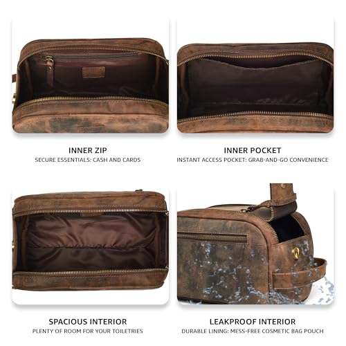 LEATHER VILLAGE Premium Leather Toiletry Travel Pouch With Waterproof Lining - Brown | King-Size Handcrafted Vintage Dopp Kit Bag