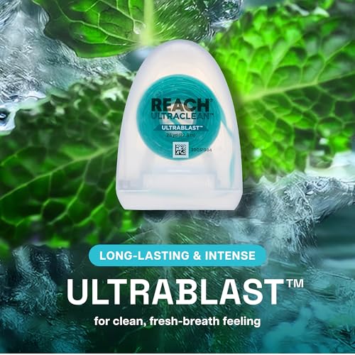 REACH¢ç ULTRACLEAN ULTRABLAST, Cool Mint Dental Floss, Plaque Remover for Teeth, Shred Resistant, Waxed, Easy on Gums & Teeth, Fresh Breath, Oral Care, PFAS Free, for Adults & Kids, 3 PK, 25 YD