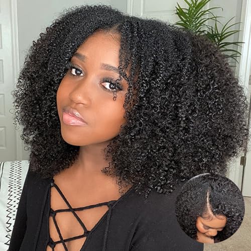 V SHOW Glueless Wigs V Part Wig Human Hair Afro Curly Wig No Leave Out Thin Part Human Hair for Beginner Friendly 180% Density Upgrade Upart Kinky Curly Wigs 20Inch