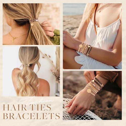 6 PCS Hair Bracelets for Women, Letter Boho Hair Ties for Thick & Thin Hair, Gold Initial Bracelet Sets, Dual-Use Stretch Bracelets, Braided Hair Ties for Ponytail Holders(A)