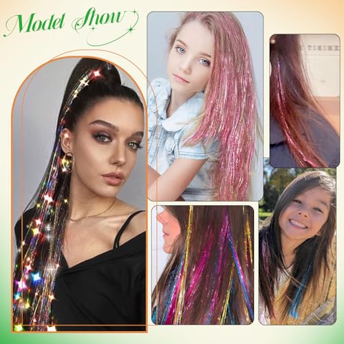 Hair Tinsel Kit With Body Glitter 15 Colors 48 Inch 4500 Strands Glitter Tinsel Hair Extensions With Tools Fairy Hair Accessories, Suitable for Festivals and Daily Use (15 Colors Hair Tinsel Kit)