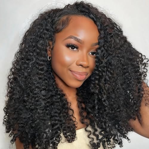 Kinky Curly Half Wig Human Hair 3 in 1 Glueless Wear And Go Human Hair Half Wigs For Women Seamless Flip Over Drawstring Headband Wig 180% Density Beginner Friendly 1B 26inch