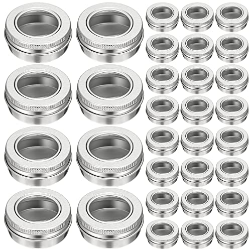 Zubebe 50 Pcs Aluminum Tin Jar Refillable Containers Clear Top Screw Lid Round Tin Container Bottle for Cosmetic, Cream, Diamond Painting, Salves, Balms, Lip Balm, Spices or Others, Silver (1 oz)