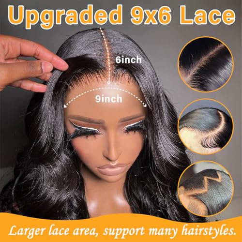 BEEOS Wear and Go Glueless HD Lace Wig, 9x6 Pre-Everything Body Wave Pre-Plucked Hairline Bleached Knots 180% Density 0.10mm Ultra-thin Invisible HD Lace Human Hair Wigs 18 Inch