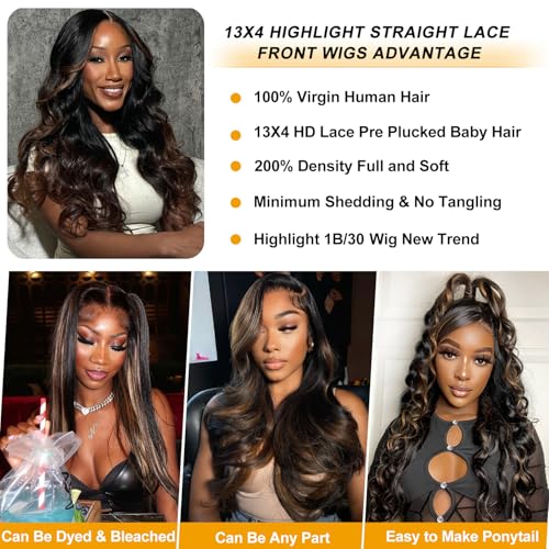 Ombre Body Wave Lace Front Wig Human Hair13x4 FB30 Highlight Lace Front Wig Human Hair 200% Density Balayage wig Human Hair Pre Plucked hd Transparent Lace Blonde Wig 24 INCH