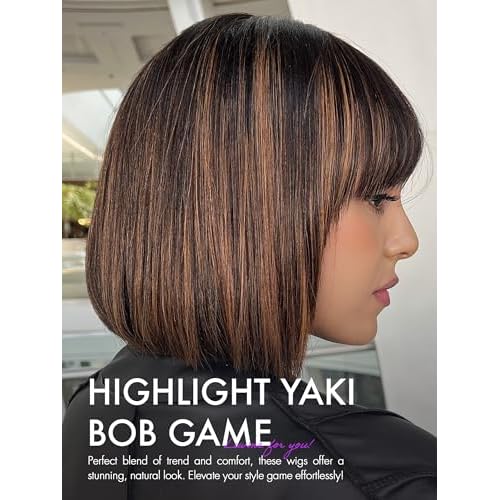 LUVME HAIR 12 Inch Yaki Straight Bob Wig with Bangs Human Hair Glueless HD Lace Bob Wig with Brown Highlights, Ready to Go Short Wigs For Women 180 Density Breathable Cap