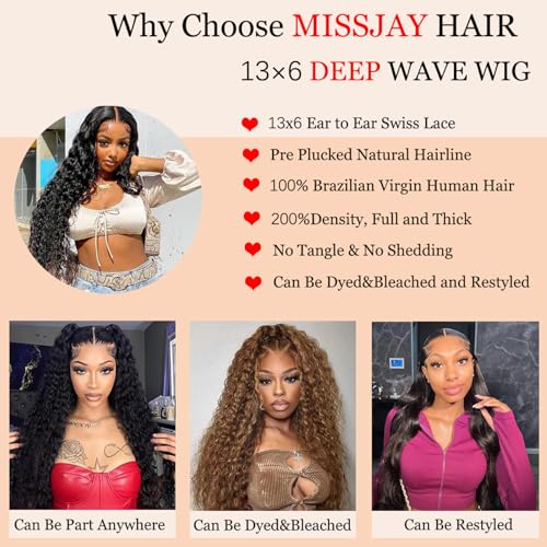 MISSJAY 13x6 Deep Wave Lace Front Wig Human Hair 32 Inch 200% Density Deep Curly Wig with Baby Hair Pre Plucked Lace Front Wigs 100% Unprocessed Brazilian Virgin Hair Natural Color for Women