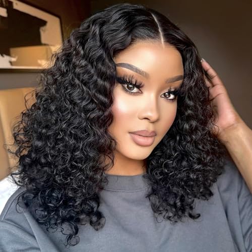 Deep Wave Bob Wig Human Hair Glueless 13x6 Lace Front Wigs Human Hair Wigs for Black Women Pre Plucked 200 Density HD Short Curly Lace Frontal Wig Natural Black 16 Inch